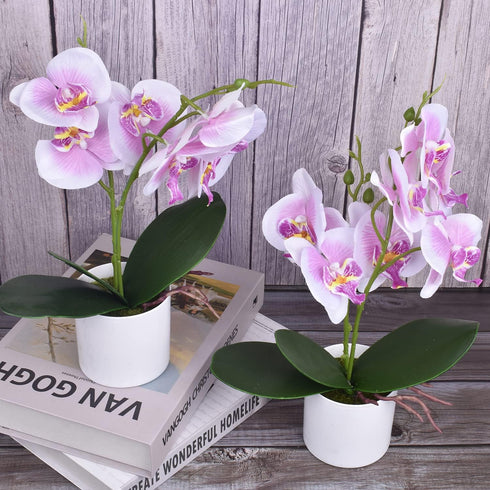 XONOR Artificial Orchid Flowers, 2 Pieces Potted Fake Orchids with Plastic Vase for Table Centerpiece Home Decor Office Wedding Party Decoration...