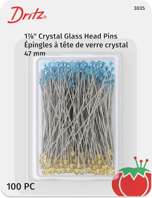 Dritz 3035 Crystal Glass Head Pins, 1-7/8-Inch (100-Count), Blue and Yellow...