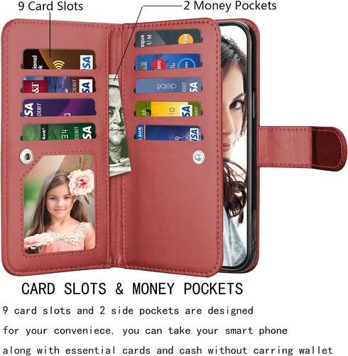 Njjex iPhone 12 Pro Max Wallet Case (2020) with 9 Card Slots, PU Leather, Detachable Kickstand, Lanyard & Magnetic Closure - Wine Red...