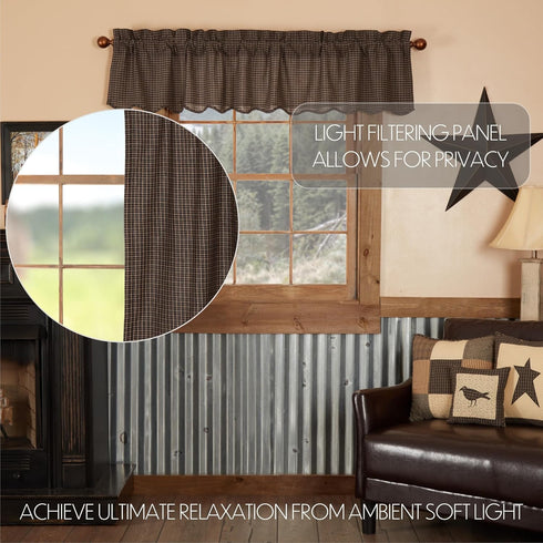 VHC Brands Kettle Grove Window Curtain, Plaid Valance Scalloped, Black, 16x72...