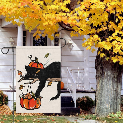 Louise Maelys Fall Black Cat Garden Flag 12x18 Double Sided, Small Burlap Welcome Autumn Garden Yard House Flags Pumpkin Thanksgiving Outside Outd...