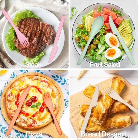 Reusable Travel Utensils Set with Case, 5 Sets Wheat Straw Portable Plastic Fork Spoons Knife Camping Cutlery, Eco-Friendly BPA Free Lunch Tablewa...