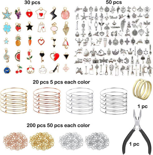 Bangle Bracelets Making Kit 317 Pcs Charm Bracelet Making Kit with Expandable Bangles, Colorful Charms, Jump Rings and Pliers for for DIY Jewelry ...