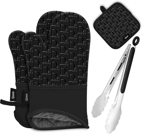 Qimh Oven Mitts and Pot Holders, 4 Pcs Kitchen Oven Mitts Set with Cooking Tongs, High Heat Resistant 500? Extra Long Non-Slip Silicone Surface Ov...