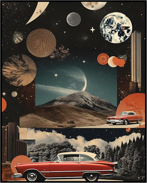 Posterizer 1 pcs-vintage cars , landscape , planets surreal collage-Retro Art-Abstract & Modern Art-Gift for Art Lovers- UNFRAMED Wall Art...