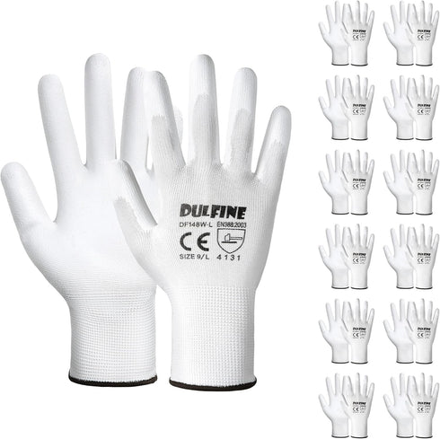 DULFINE Safety Work Gloves PU Coated-12 Pairs,White Seamless Knit Glove with Polyurethane Coated Smooth Grip on Palm & Fingers, for Men and Women,...