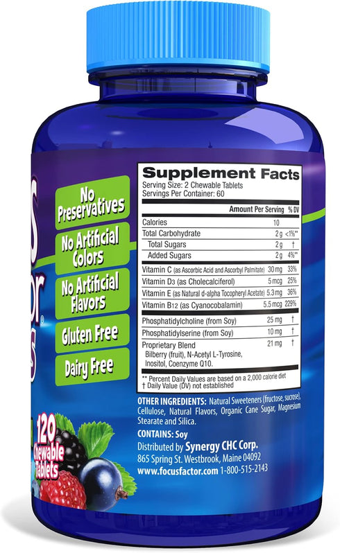 Focus Factor Kids Extra Strength Daily Chewable for Brain Health Support, 120 Count – Vitamins - Quality Formula – Gluten & Dairy Free Supplements...