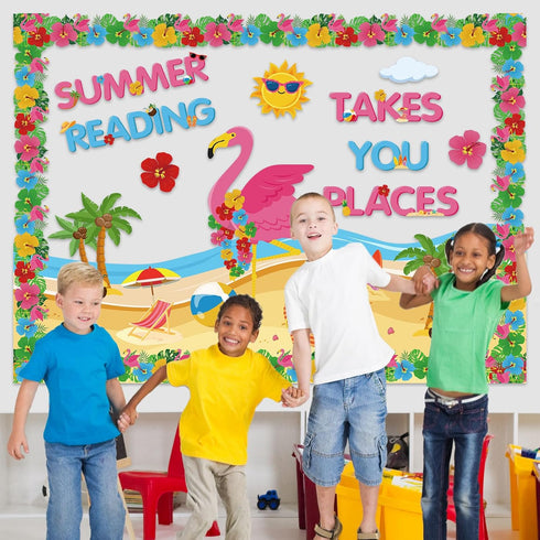 40 Pcs Summer Bulletin Board Decorations Set Hawaiian Tropical Flamingo Palm Beach Paper Cutouts Summer Flamingo Classroom Bulletin Board for Clas...