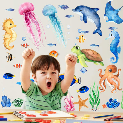 4 Sheets Ocean Fish Wall Decals Stickers Sea Wall Decal Stickers Removable Sea Life Marine Animal Sticker Underwater Ocean Creatures Decor for Kid...