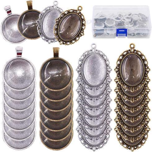 Glarks 64-Pieces Pendant Set, 16Pcs Oval Pendant Trays and 16Pcs Round Bezels with 32Pcs Glass Cabochon Round Clear Dome Tiles for Crafting DIY Je...
