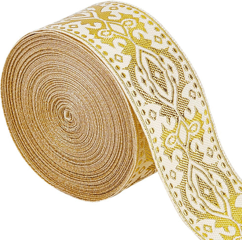 GORGECRAFT 7.7 Yards Double Side Metallic Gold Ethnic Jacquard Ribbon 1.3" Wide Floral Embroidery Bohemian Polyester Woven Ribbons Fringe Band Fab...