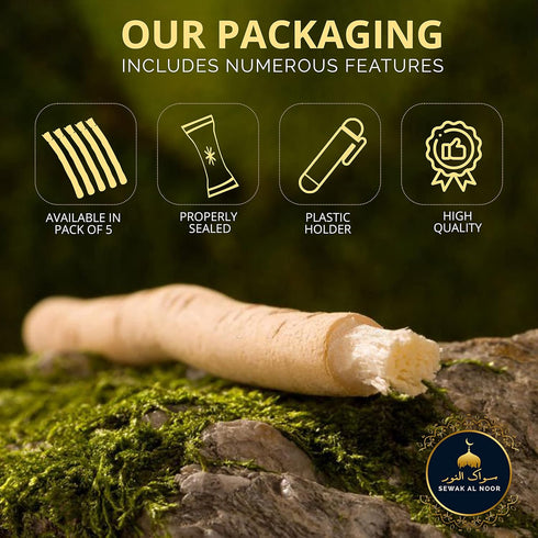 Pack of 5 Miswak Sticks for Teeth with Holder - Vacuum Sealed Natural Flavored Chew Sticks for Humans - Natural Toothbrush for Teeth Whitening, Or...