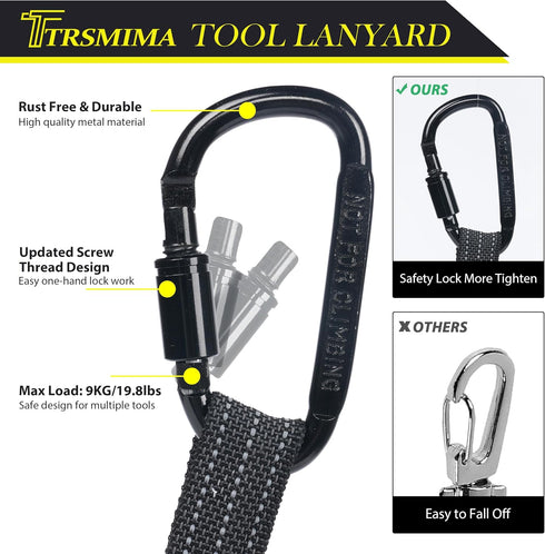 TRSMIMA Safety Tether Lanyard Tool - 2 pack Fall Protection Retractable Lanyard with Single Aluminum Screw Lock Carabiner Metal Buckle Adjustable ...