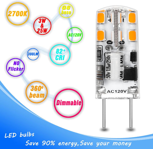 Dimmable G8 LED Light Bulbs 3W Equivalent 20W 25W Halogen 2700K Warm White 300lm AC120V T4 JCD Type Bi-Pin G8 Base for Under Cabinet Counter Puck ...