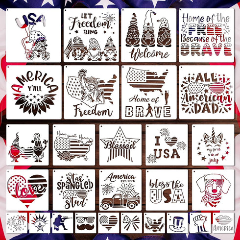 Patriotic Stencils for Painting, 28 PCS 4th of July Reusable Stencil Templates for Cookie Cake Scrapbooking Wood Drawing, American Independence Da...
