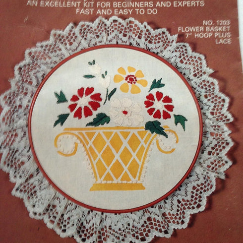 Nicole Creations Stenciled Stitchery Flower Basket Hoop & Lace Embroidery Kit No. 1203......