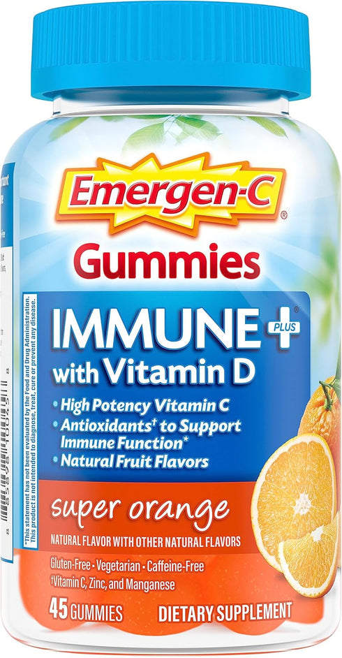 Emergen-C Immune+ Immune Gummies, Vitamin D plus 750 mg Vitamin C, Immune Support Dietary Supplement, Caffeine Free, Gluten Free, Super Orange Fla...