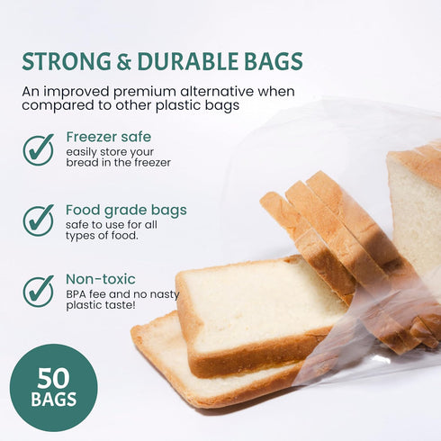 Reusable Plastic Bread Bags for Homemade Bread - 50 Pack Clear Bread Bag with Ties For An Airtight Moisture-free Preservation and Storage- Bread L...