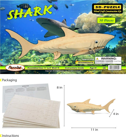 Puzzled 3D Puzzle Shark Wood Craft Construction Model Kit, Fun Unique and Educational DIY Wooden Toy Assemble Model Unfinished Crafting Hobby Puzz...