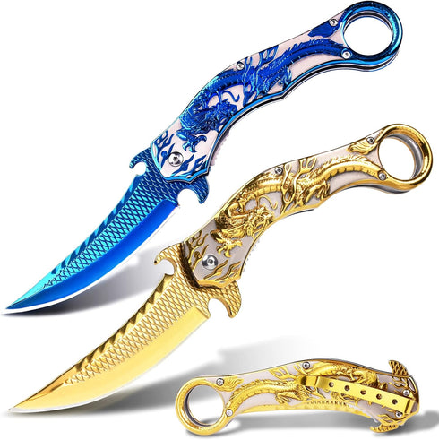 Pocket Knife for Men, Cool Folding Knife With Embossed 3D Dragon Relief, Great Gift Edc Knife For Men Outdoor Survival Camping Hiking (Rainbow)...