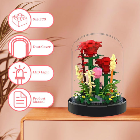 Flower Bouquet Building Set, 549PCS Red Rose Mini Flowers Building Blocks, Decorated Flower with Dust Cover and Lights, Mini Gift Kits for Adults,...