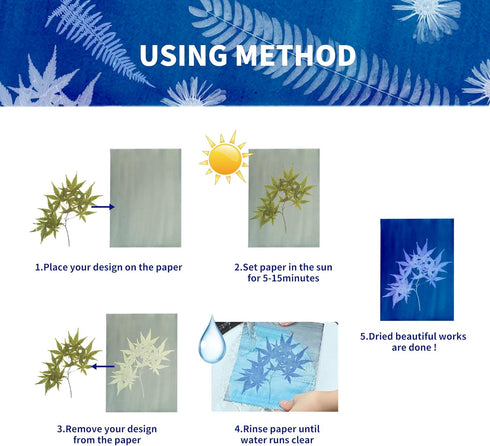 42 Sheets Cyanotype Paper Sun Print Paper Kit, A4 A5 A6 4in Solar Drawing Paper Sensitivity Nature Printing Paper, Cyanotype Paper Kit with 1 A4 A...