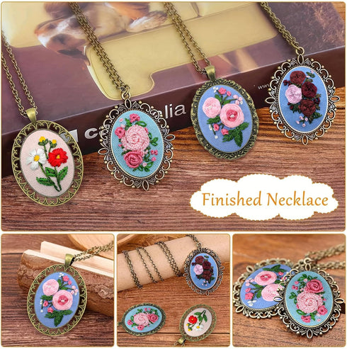 ZuoAnLF 4 Pieces Silk Embroidery Pendant Kit for Beginner,Embroidery Stitching Necklace,Embroidery Kit for Necklace & Earrings & Hand Sewing Jewel...