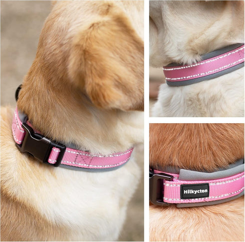 Soft Neoprene Padded Dog Collar, Adjustable Reflective Wide Pet Nylon Dog Collars for Small Medium Large Dogs Pink-XL...