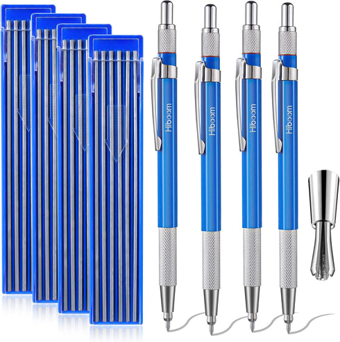 Hiboom 4 Pcs Welders Pencil with 48 Pcs Silver Round Refills, Mechanical Pencils Metal Marker with Built-in Sharpener for Pipe Fitter Welder Steel...