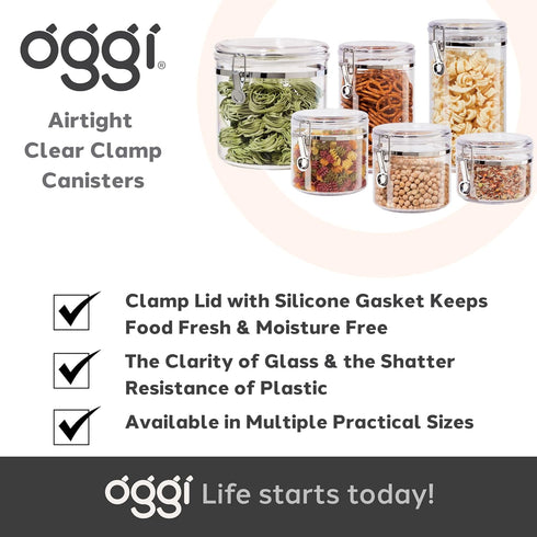 Oggi Clear Canister with Clamp Lid, 28 oz - Large Airtight Food Storage Container, for Kitchen & Pantry Storage of Bulk, Dry Foods Including Pasta...