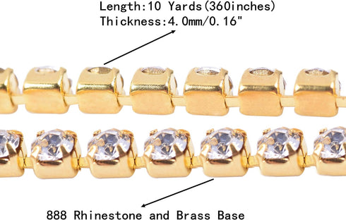 KAOYOO 10 Yards 4MM Crystal Rhinestone Close Chain Trim for Sewing Crafts,DIY Decoration(Gold)...