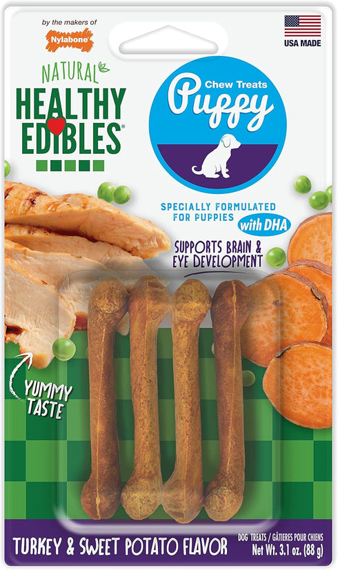 Nylabone Healthy Edibles Natural Puppy Chews Long Lasting Turkey & Sweet Potato Flavor Treats for Dogs, X-Small/Petite (4 Count)...
