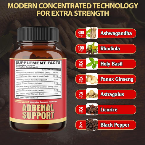 agobi 7in1 Adrenal Support Supplement - Concentrated Ashwagandha, Panax Ginseng, Rhodiola Rosea & More - 60 Capsules for 2 Month...