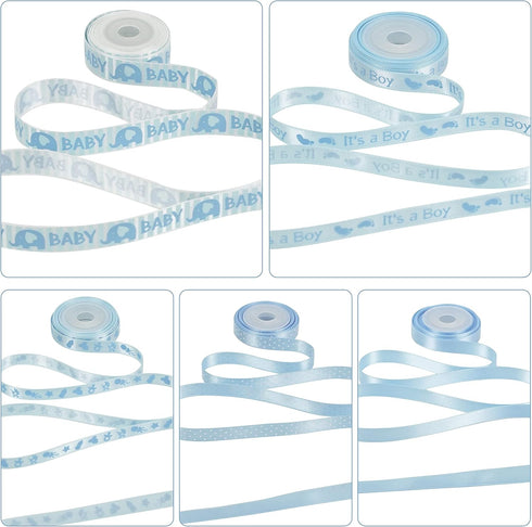 HUIHUANG Baby Blue Ribbon for Baby Shower Its A Boy Blue Ribbon Assorted Foot Print Elephant Satin Ribbon for Gift Wrapping Crafts Diaper Cake Bab...