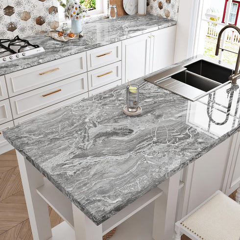 Silver/Gray Marble Contact Paper Glossy Marble Peel and Stick Countertops Wallpaper for Kitchen Backsplash Faux Marble Wall Paper Self Adhesive Vi...
