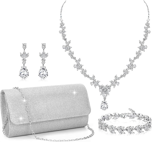 RIOSO 4Pcs Silver Jewelry Set for Women Evening Rhinestone Sparkly Clutch Purse Bag Necklace Earrings Bracelet Silver Formal Prom Costume Sets for...