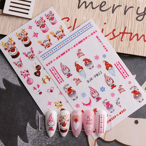 JMEOWIO 10 Sheets Christmas Pink Nail Art Stickers Decals Self-Adhesive Pegatinas Uñas Snowflake Xmas Winter Holiday Cute Elk Nail Supplies Nail A...