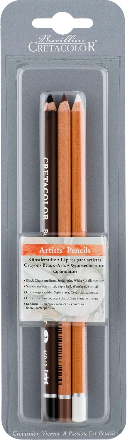 CRETACOLOR Artists Drawing Pencils 3-Piece Set, Black Chalk, Sepia Dry & White Chalk...