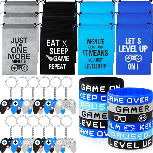Shappy 36 Pieces Includes Video Game Bracelets Wristbands Gaming Party Bags with Drawstring Game Controller Keychains for Video Game Birthday Part...