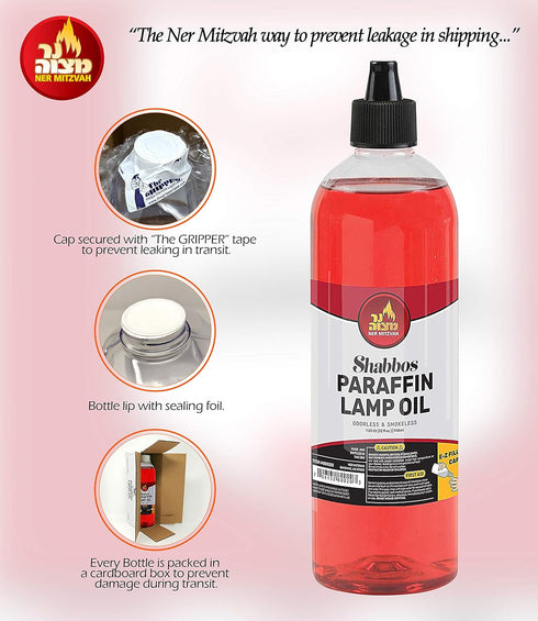Ner Mitzvah Paraffin Lamp Oil, Red Smokeless, Odorless, Clean Burning Fuel for Indoor and Outdoor, Use with E - Z Fill Cap and Pouring Spout, 32oz...