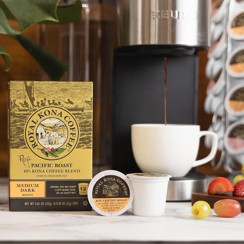 Royal Kona Roy's Pacific Coast, 10% Kona Coffee Blend, Medium-Dark Roast Single-Serve Coffee Pods, Compatible with Pod Brewing Systems, A Taste of...
