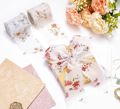3 Roll 1.5In Wide 16 Yard Floral Chiffon Ribbon Fringe Silk Ribbon Handmade Frayed Edges Ribbon for Christmas Wedding Party Decor, Bridal Bouquet,...