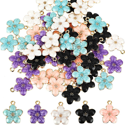 50pcs Enamel Cherry Blossoms Charms Pendant, Gold Plated Cute Flower Pendants Bracelet Charms for Jewelry Making Kit Bracelet Necklace Earrings Ke...