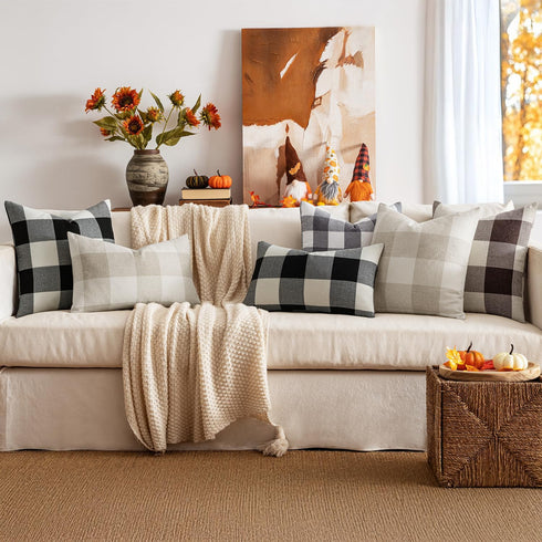 MIULEE Pack of 2 Classic Farmhouse Buffalo Check Plaids Polyester Linen Soft Soild Square Throw Pillow Covers Grey and White Home Decor Outdoor Cu...