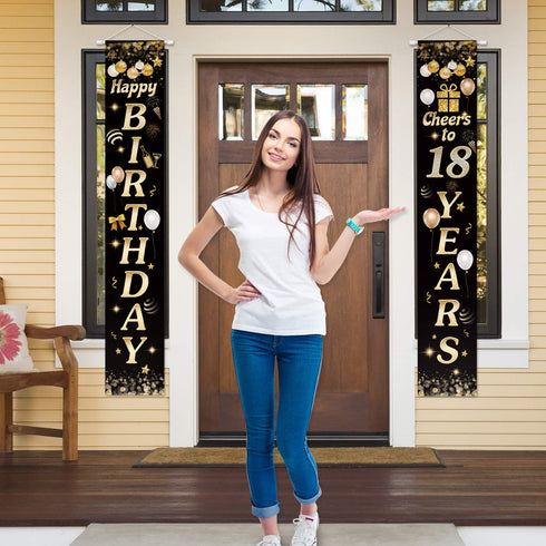 Happy Birthday Cheers to 18 Years Black Gold Yard Sign Door Banner 18th Birthday Decorations Party Supplies...