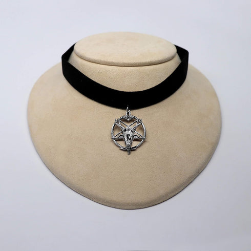 Baphomet Goat Head Satanic Inverted Pentacle Black Velvet Choker Adjustable...