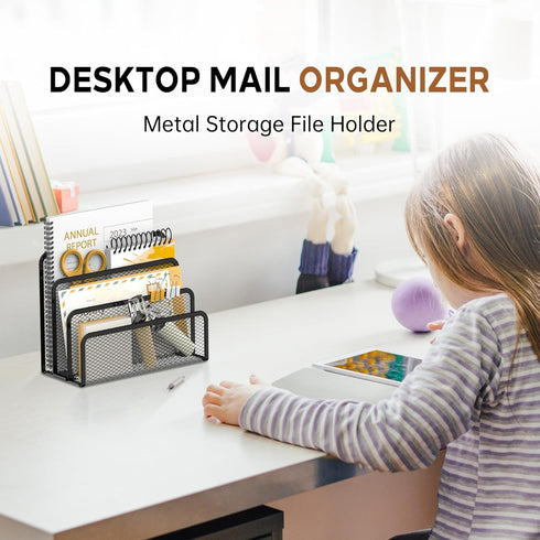 SUPEASY Mail Organizer for Desk, Mesh Metal Mail Holder Countertop with 3-Slot, Letter Sorter File Holder, Office Envelope Organizer for Mails (Bl...