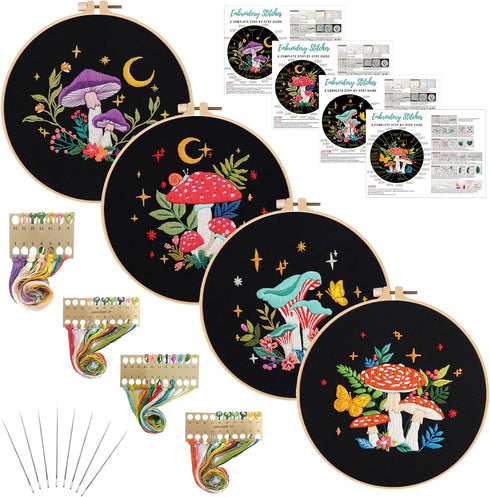 Nuberlic 4 Pack Mushroom Embroidery Kit for Beginners, Starters Cross Stitch Needlepoint Kits for Adults with Stamped Pattern (1 Embroidery Hoops,...