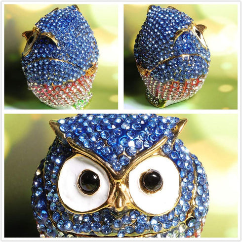Waltz&F Diamond Light Blue Owl TrinketBox Hinged Hand-painted Figurine Collectible Ring Holder...