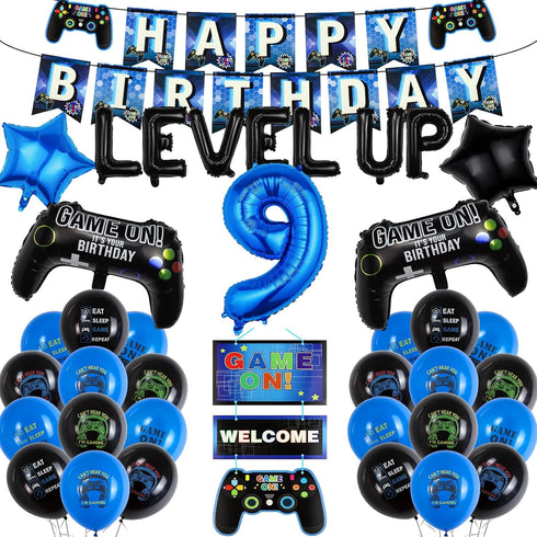 9th Video Game Birthday Party Decoration Balloons Game on Party Supplies Set Include Happy Birthday Banner Foil Balloon Latex Balloon Ideal for Ki...